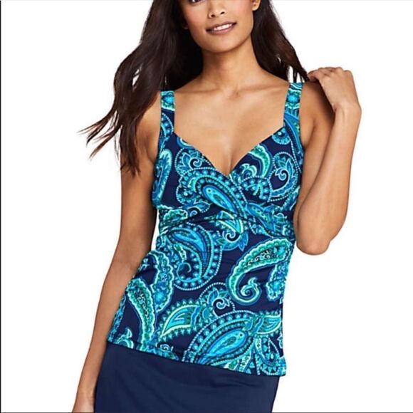 Land’s End V neck wrap Tankini underwire adjustable straps blue paisley 4 - Picture 1 of 3